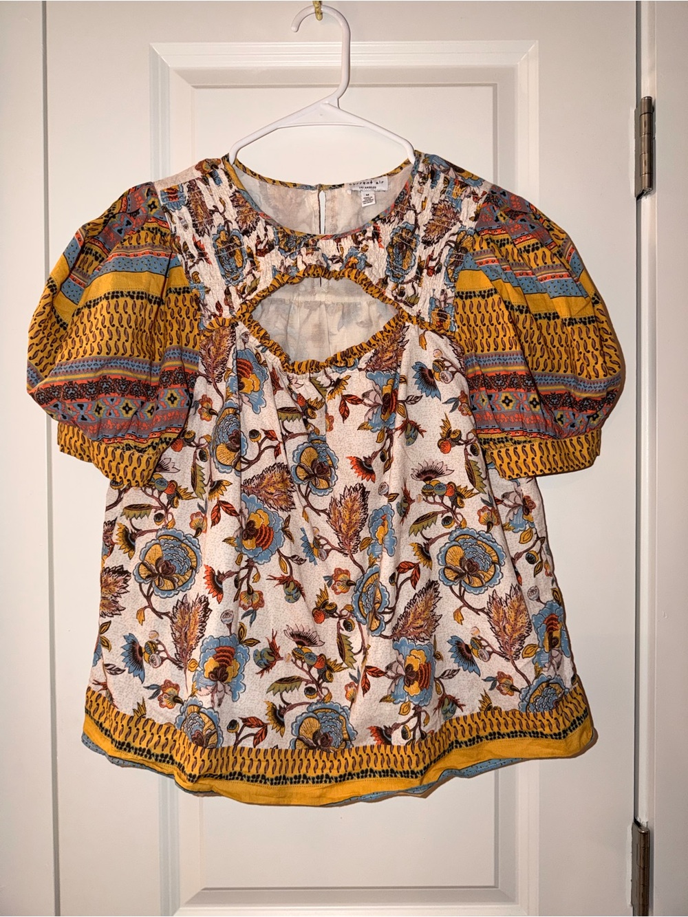Current Air Floral Puff-Sleeve Keyhole Top in Mustard, Blue, Cream